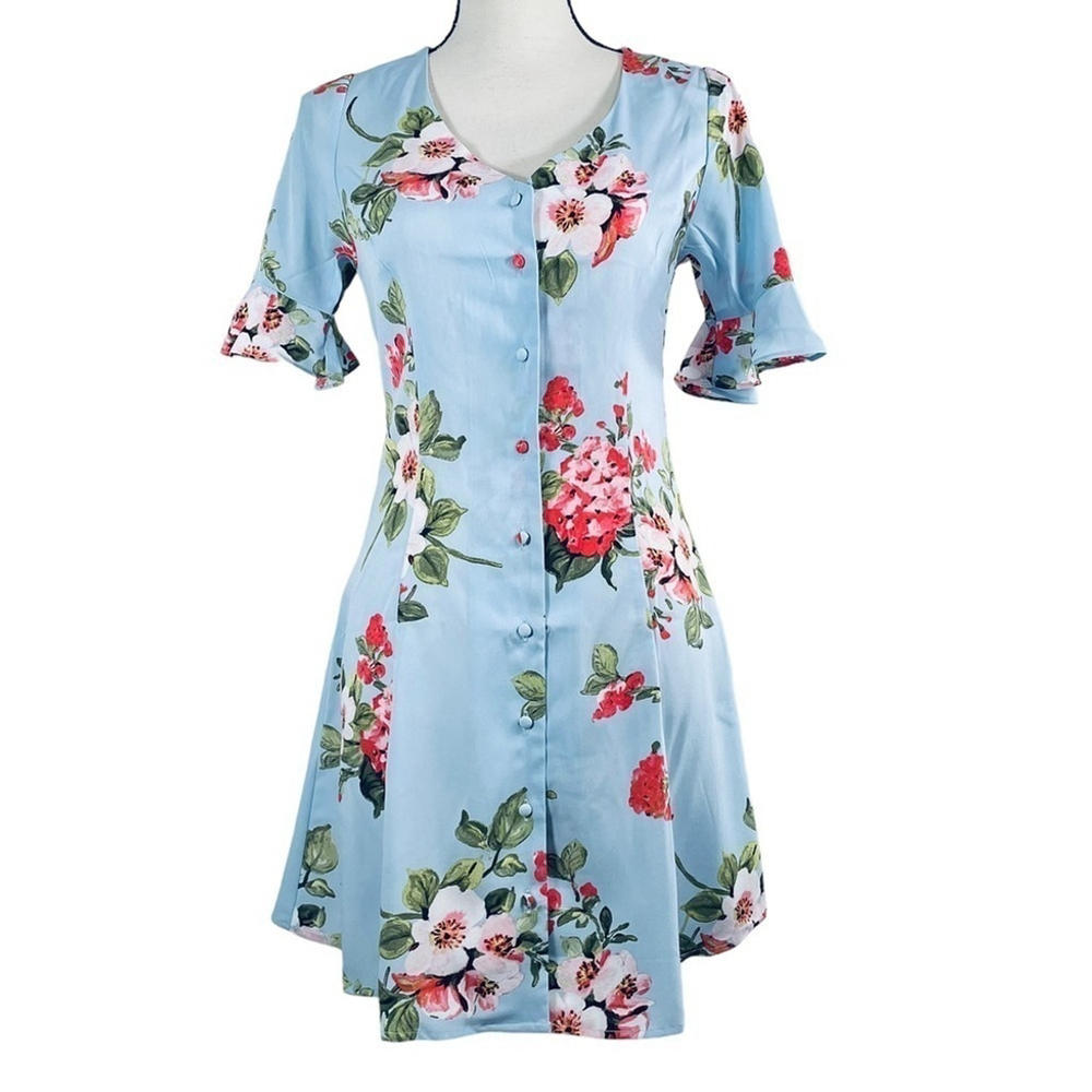 MINE Baby Blue Floral Short Sleeve Button Down Dress